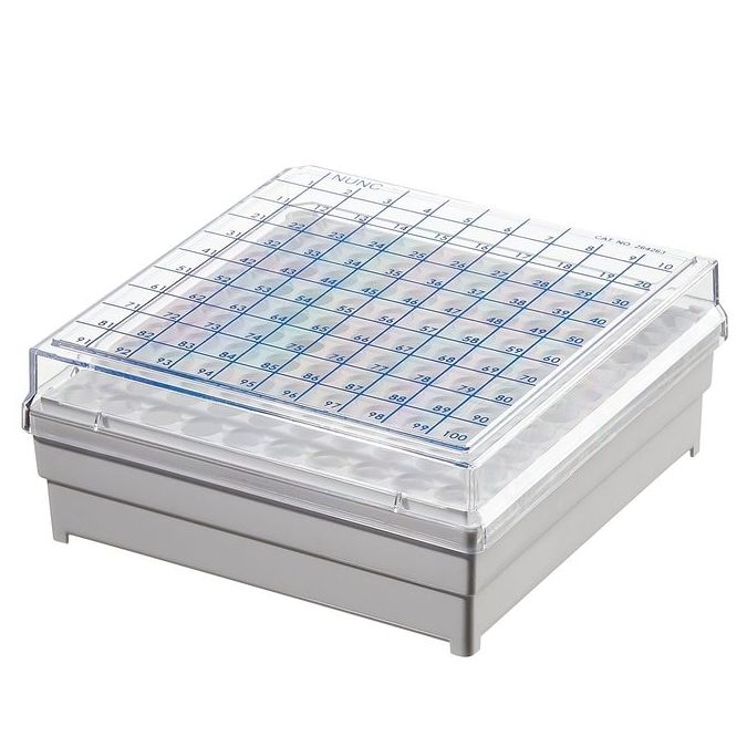 Thermo Scientific 264263 Nunc Storage Box and Rack, 100 Vials - White/Clear Lid (Case of 12)