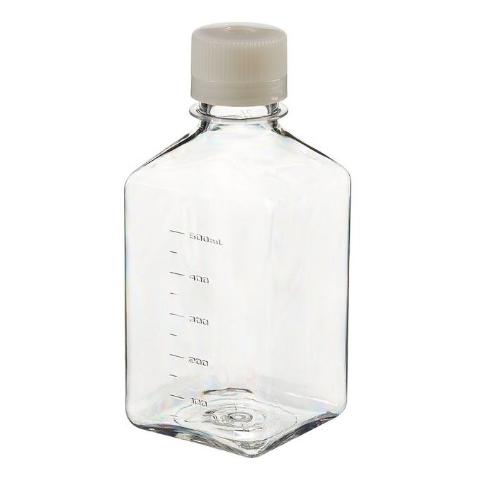 Thermo Scientific 342023-9500 Nalgene Square PETG Media Bottles With Septum Closure: Sterile, Shrink-Wrapped Trays, 500 Expanded - Transparent (Case of 48)